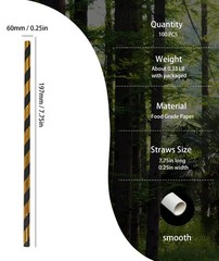 Disposable Black Gold Striped Paper Straws – 100 Pack Biodegradable Black and…
