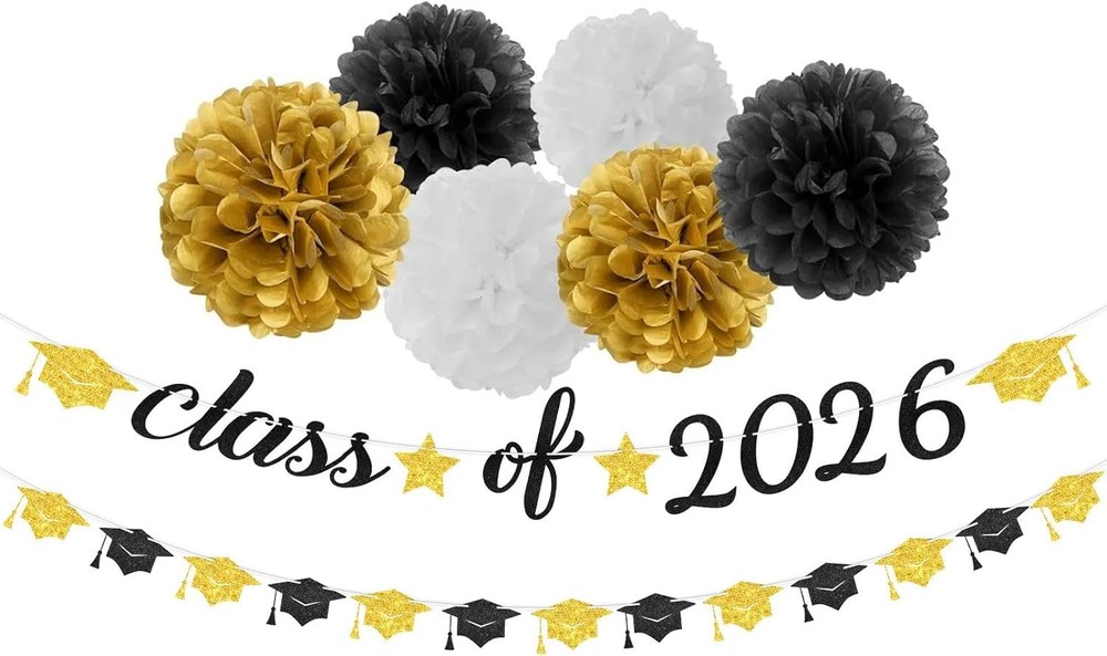 8pcs Black-White Gold Party-Decorations Graduation Banner, Class of 2026 Cap Gar