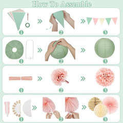 Sage Green Pink Birthday Party Decorations Banner Fans Pom Poms Set Kit