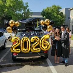 37 Pcs Graduation Car Decoration Kit – Inflatable Cap, Gold Foil Balloons, Marke