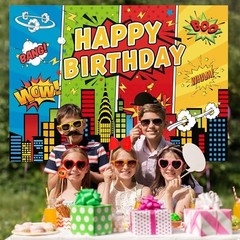 Cartoon Super City Backdrop Superhero Birthday Theme Decoration Banner 5x3ft