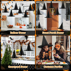 12PCS Halloween Black Witch Hats Hanging Decor Yard Party Outdoor 328FT Rope