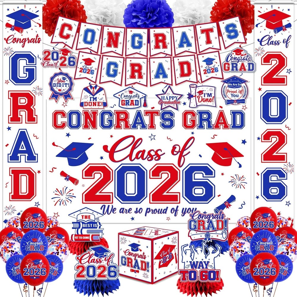 Graduation Decorations 2026 Set Red and Blue – Graduation Party Supplies with Co