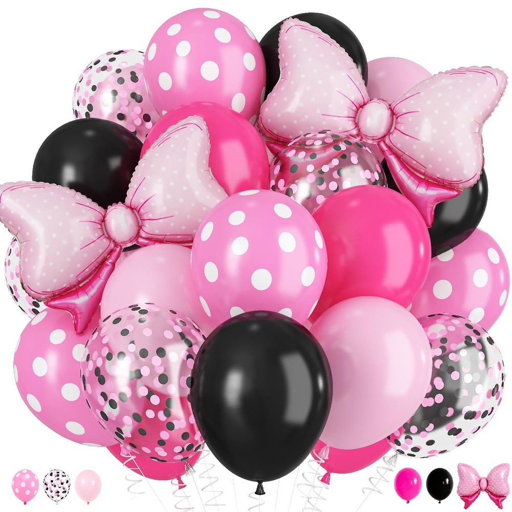 Pink and Black Balloons with 2Pcs Pink Bow Balloons, 50 Pcs 12 Inch Hot Pink …