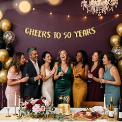 Pre-Strung Cheers to 50 Years Gold Glitter Banner – 50Th Birthday and Anniversar