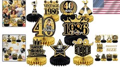 Elegant 40th Birthday Decorations – 9-Pc Black & Gold Honeycomb Centerpieces