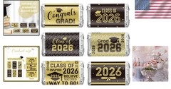 Congrats Grad Mini Candy Bar Wrapper Set – 90 Black and Gold Graduation Labels