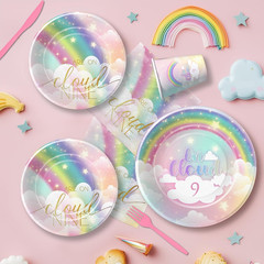 Pastel Rainbow Cloud 9 Birthday Decorations for Girls Tableware, We’Re on Cloud