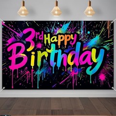 3rd Happy Birthday Party Banner 71 x 43 Inches Rainbow Neon Happy Birthday 3rd
