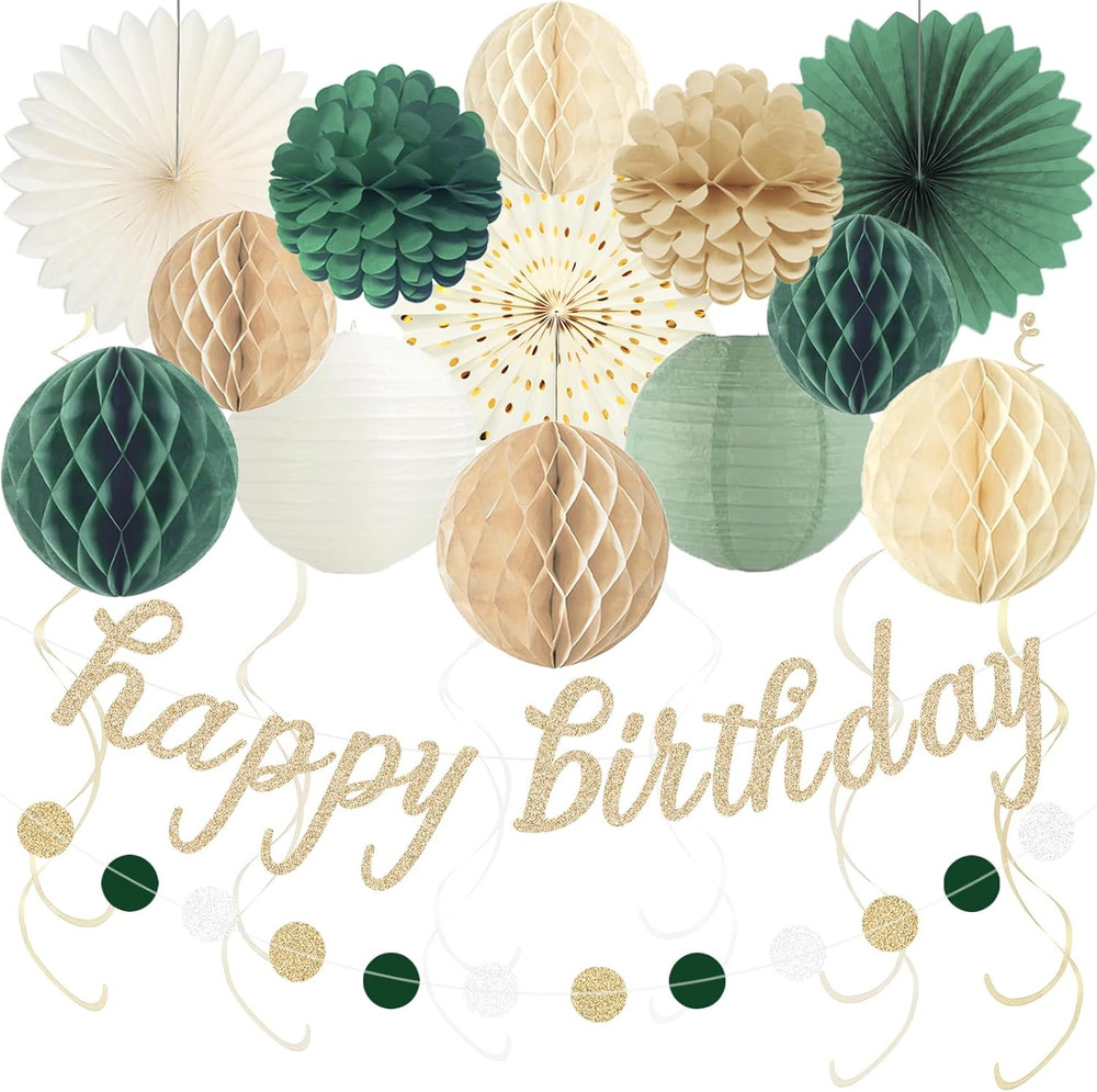 Sage Green Happy Birthday Decorations for Women, Pre-Strung Happy Birthday Banne