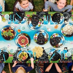 Train Birthday Party Decorations Set – Happy Birthday Backdrop, Plates, Cups, Na