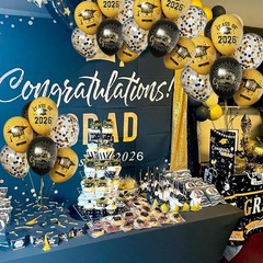Graduation Balloons Set 50pcs 12 Inch Black Gold Includes Ribbons