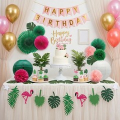 14 Pcs Tropical Party Decorations Set – Pre-Strung Flamingo Green Pink