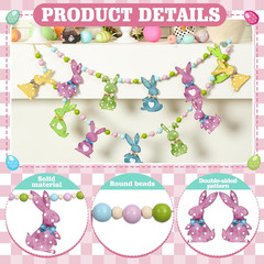 1 Set Easter Mantle Garland 6.56 Ft Wood Bunny Easter Beads Banner Rabbits Hangi