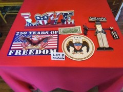 Vintage USA 250th Birthday Party Decor. Leo Ward glass, pewter, flag, eagles