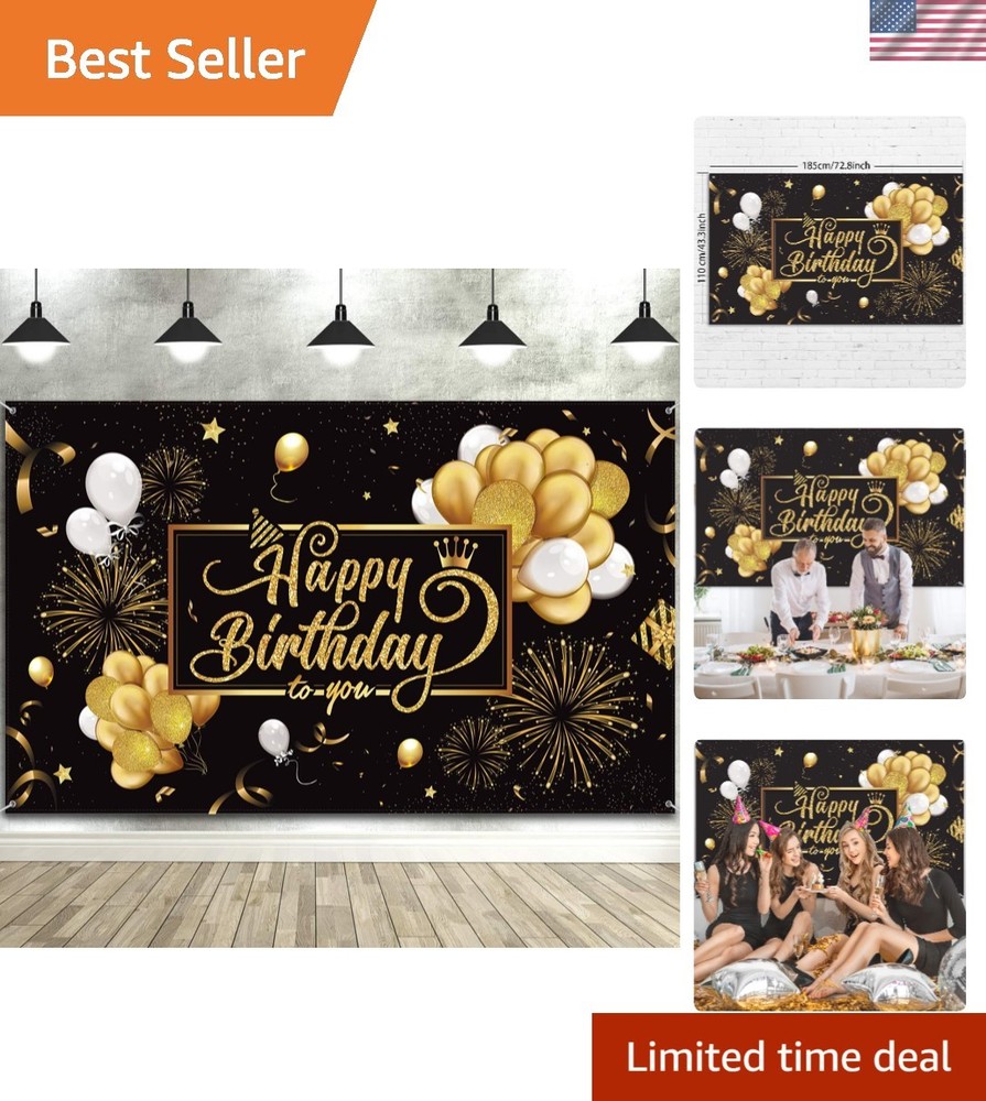 Vibrant Birthday Backdrop Banner 72.8×43.3in – Glittering Black and Gold Design
