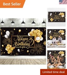 Vibrant Birthday Backdrop Banner 72.8×43.3in – Glittering Black and Gold Design