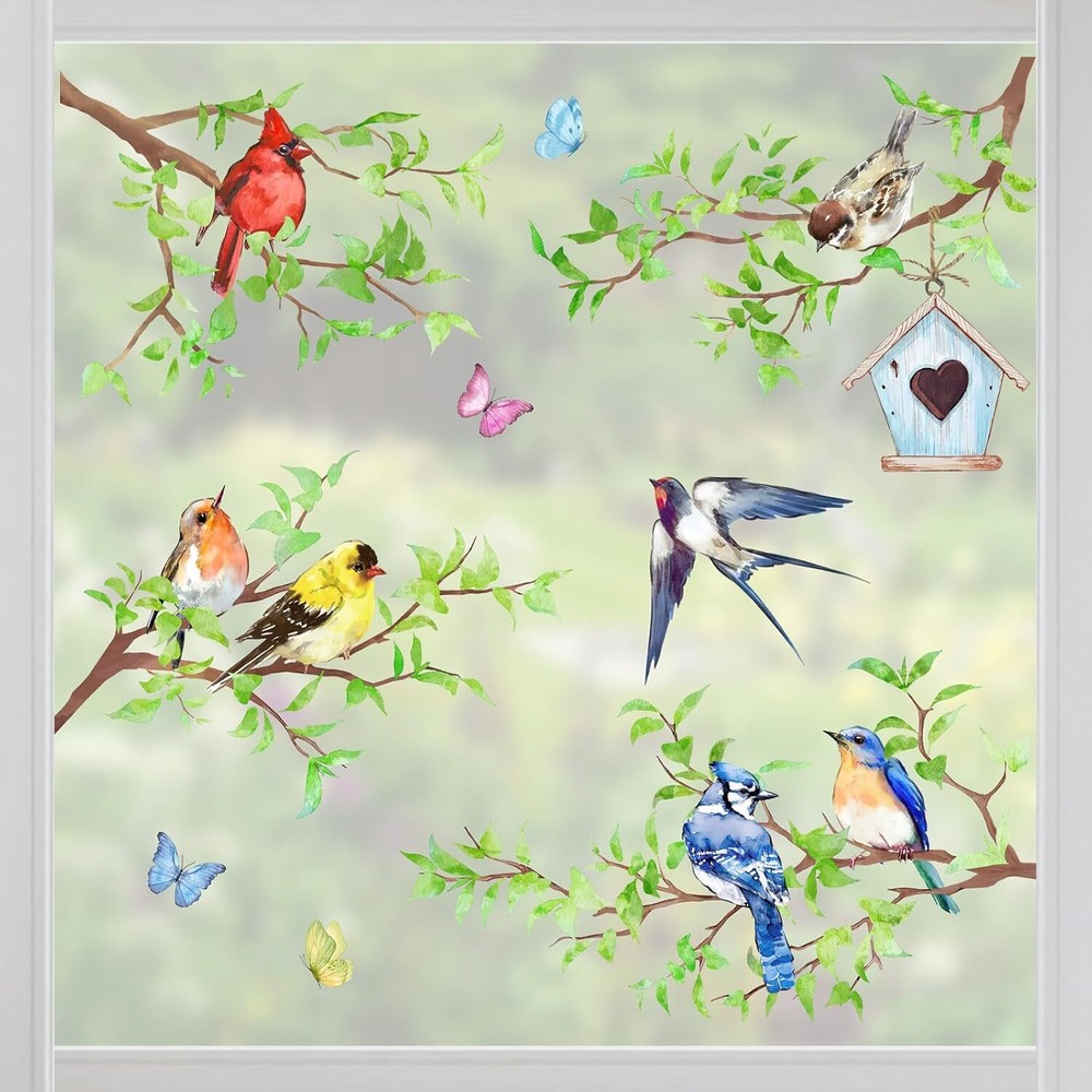 Yovkky Spring Summer Birds Branches Window Clings 4 Sheets, Cardinal Bird