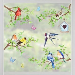 Yovkky Spring Summer Birds Branches Window Clings 4 Sheets, Cardinal Bird