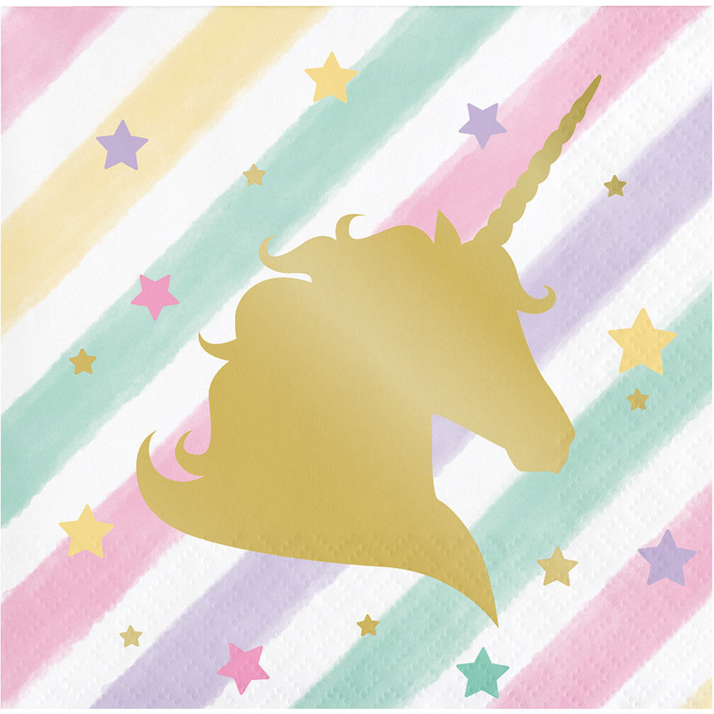 16 UNICORN SPARKLE BEVERAGE NAPKINS PARTY TABLE DECORATION FOIL STAMPED 3PLY