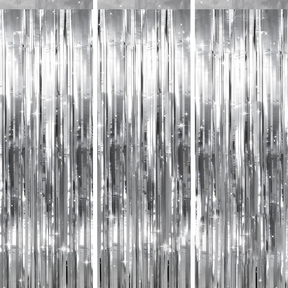 Metallic Silver Tinsel Foil Fringe Curtain, 3 Pack 3.2X6.5 Feet Party Photo Back