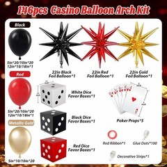 Casino Balloon Arch Garland Kit with Red Black and Gold Balloons Dice Boxes Rand