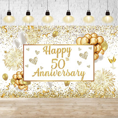 50Th Wedding Anniversary Decorations – White Gold Happy Anniversary Banner, Larg