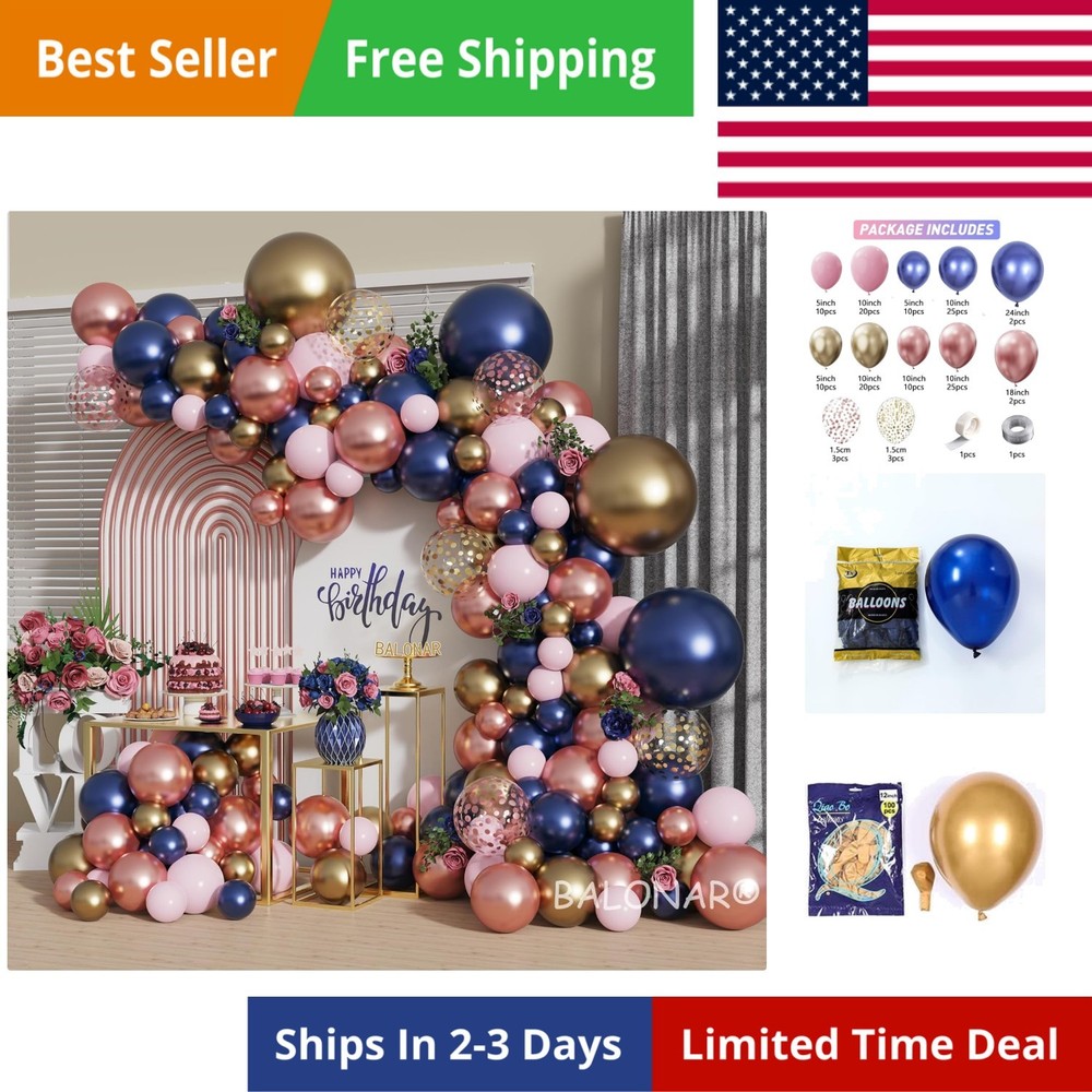 Navy Blue Rose Gold Pink Gold Confetti Latex Balloons with 140pcs 18/10/5/Inc…