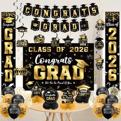 Graduation Decorations 2026 Set Black Gold, Congrats Grad Decor Set with Bann…