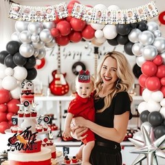 Rock and Roll 1st Birthday Decorations Set – Backdrop, Balloons, Cake Topper & M