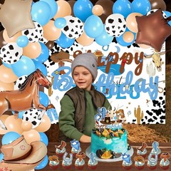Blue Western Cowboy Birthday Party Decorations Cow Print Backdrop & Balloons Kit