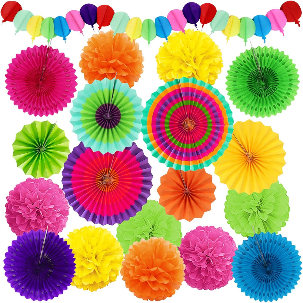 Fiesta Party Decorations, Multicolored Paper Pompoms Fan Garlands for Mexican Pa
