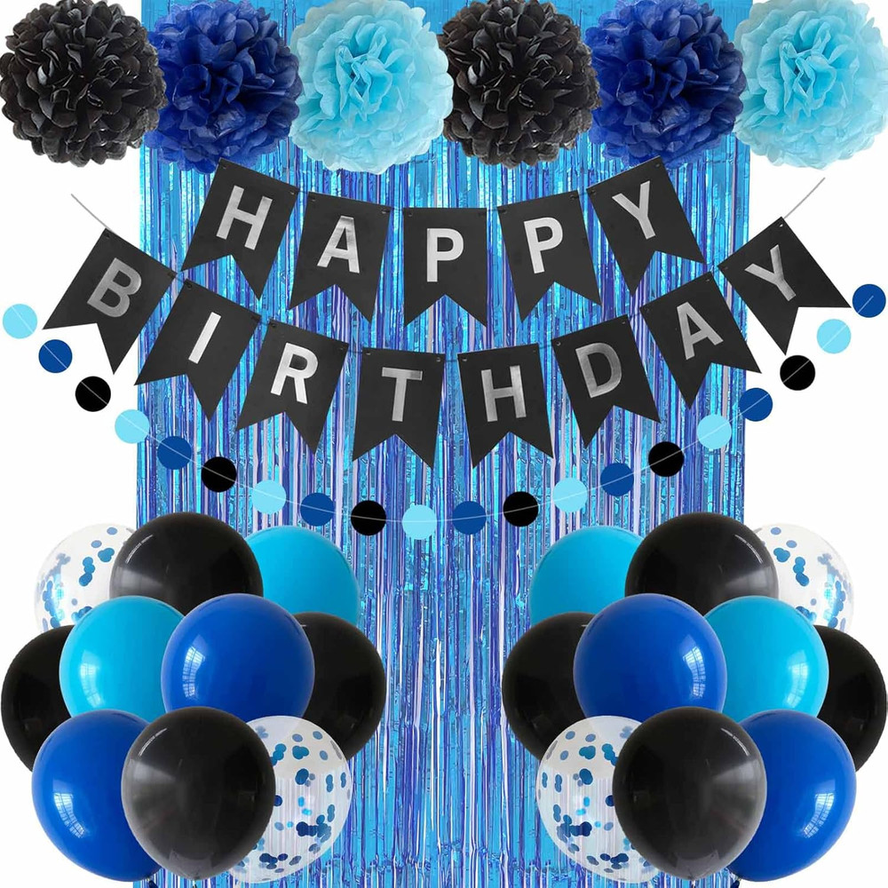 Blue Black Birthday Party Decorations Set Banner Balloons Pom Poms Kit