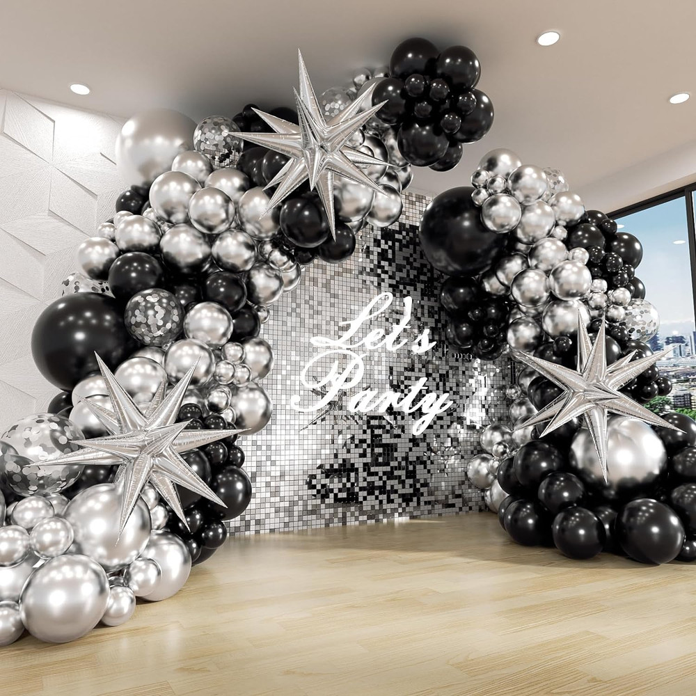 Black and Silver Balloons Garland Arch Kit with 3Pcs Star Balloon Metallic Sliv