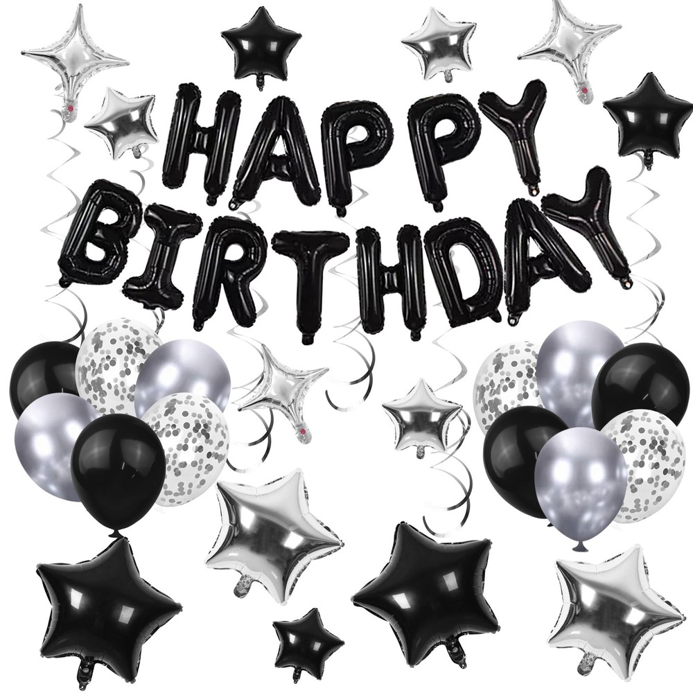 56 PCS Happy Birthday Balloons Happy Birthday Banner Silver and Black Balloons