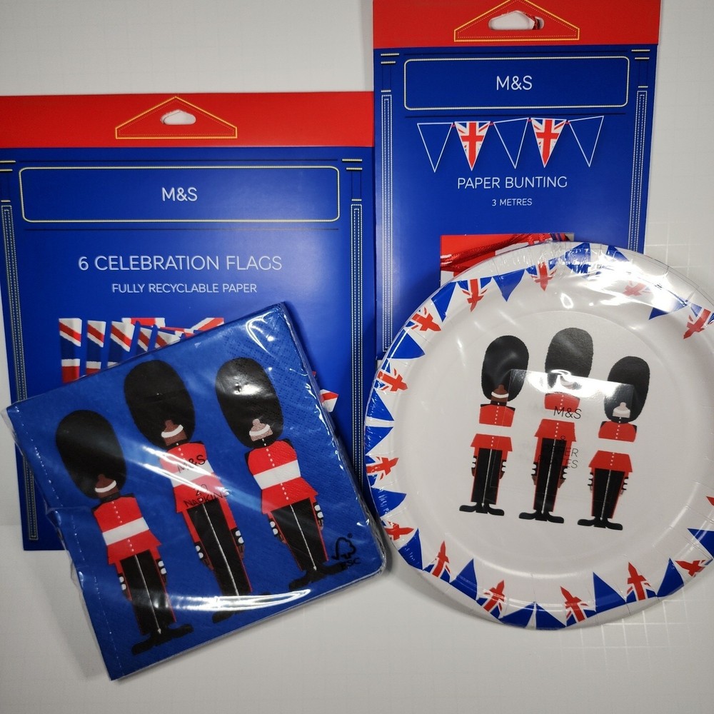 M&S Coronation Party Set Bag Flag Plate Napkin King Charles III Marks Spencer