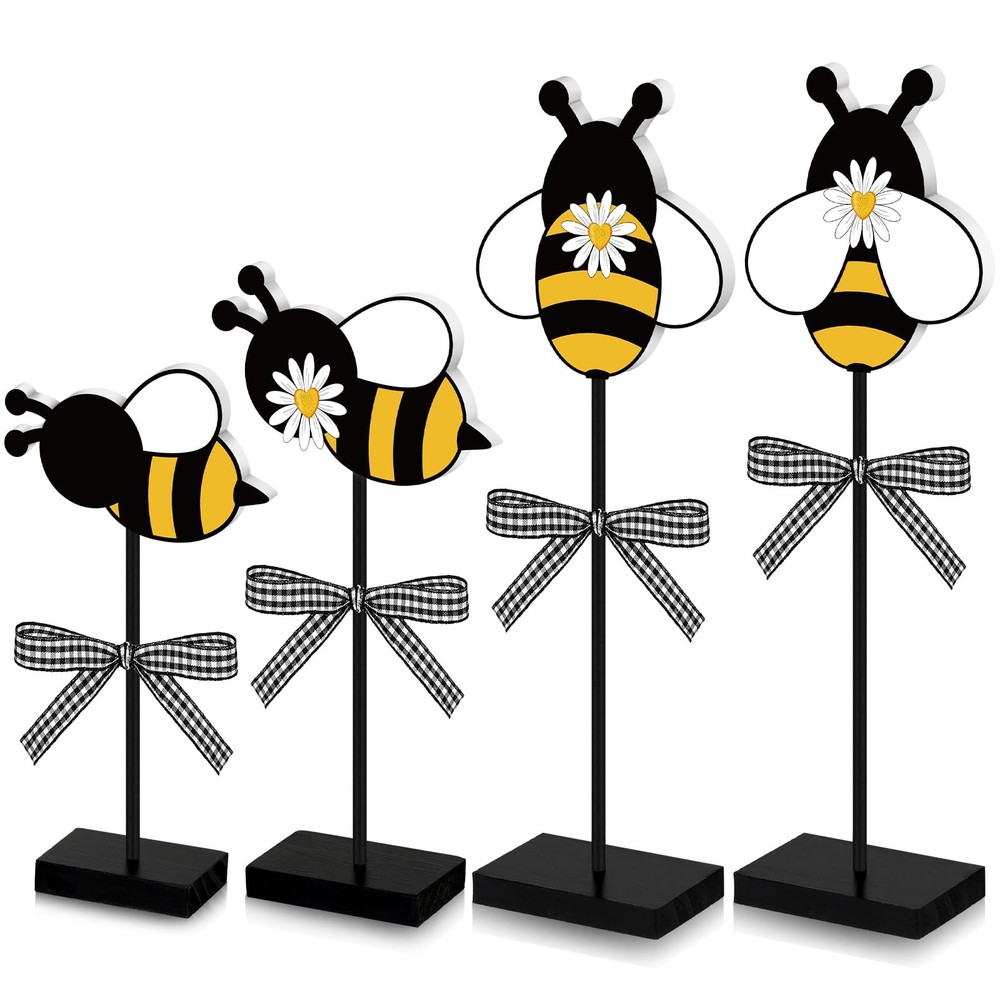 Anglechic 4 Pcs Bee Table Decor Summer Wooden Sign Bee Decorations for Home S…