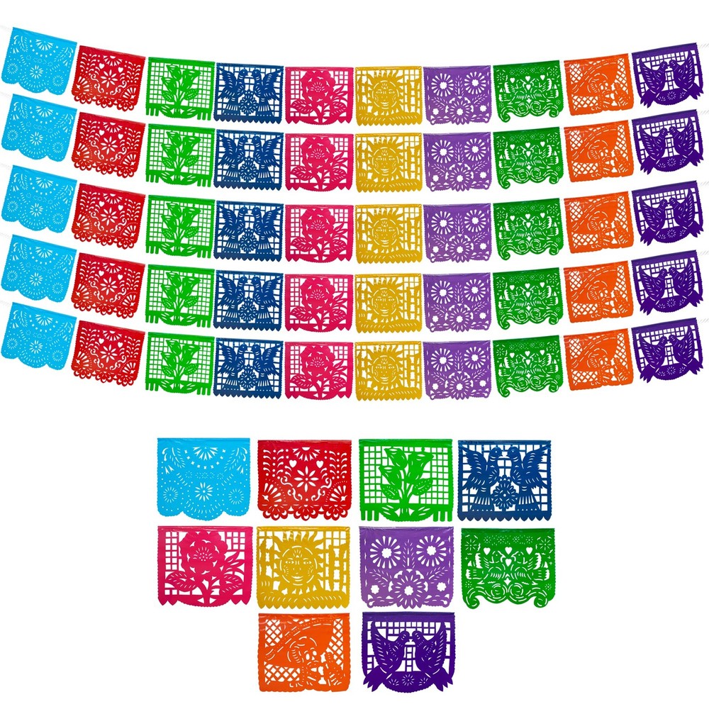 Mexican Party Banners (5 Pack with 10 Plastic Flags per Banner) – Papel Picad…