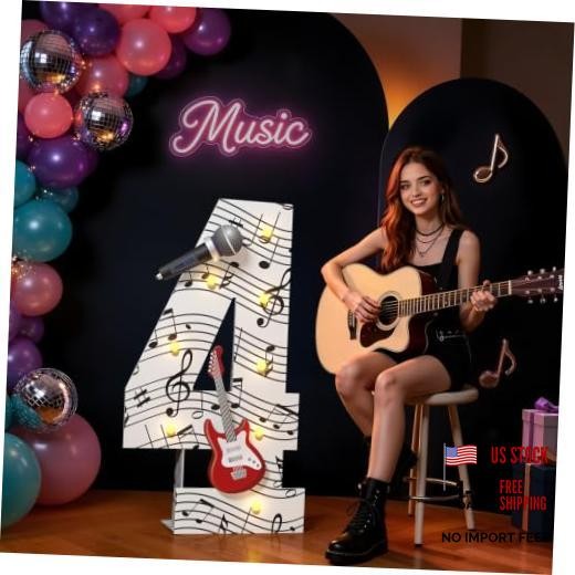 Music Theme 4th Birthday Decorations, Musical Party Decor Light Up Number 4