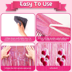 Voircoloria 3 Pack 3.3×8.2 Feet Laser Pink Foil Fringe Backdrop Curtains, Tinsel