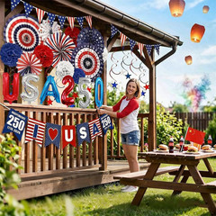 Patriotic Memorial Day Decorations Red White Blue Paper Fans for 250th Annive…