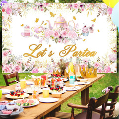 Tea Party Backdrop Floral Butterfly Glitter Let’S Partea Banner Afternoon Tea Ba