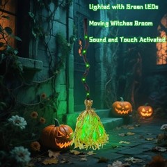 35″ Animated Witches Broom Halloween Decor – Magic Witch Broomstick – Green