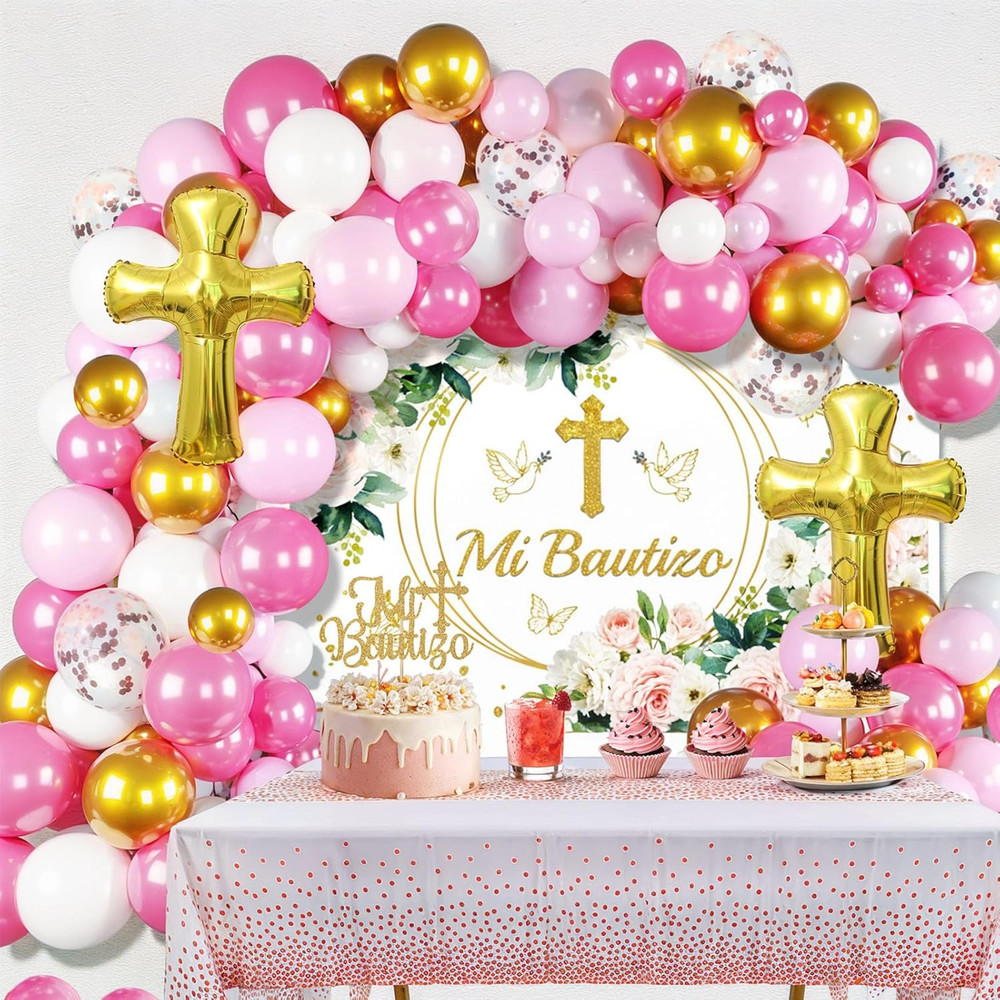 Mi Bautizo Decorations,Baptism Party Decorations Kit – Pink Gold Balloon Garland