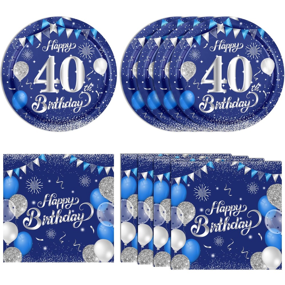 40PCS Happy 40th Birthday decorations Blue and Silver Cheers to Small,