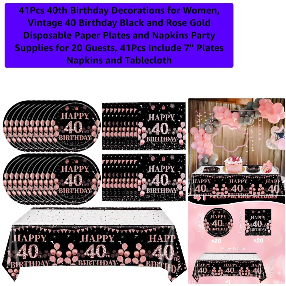 Chic 41-Piece 40th Birthday Set: Black Rose Gold Plates, Napkins & Cloth