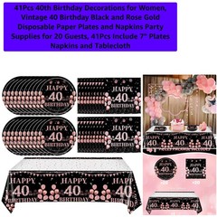 Chic 41-Piece 40th Birthday Set: Black Rose Gold Plates, Napkins & Cloth