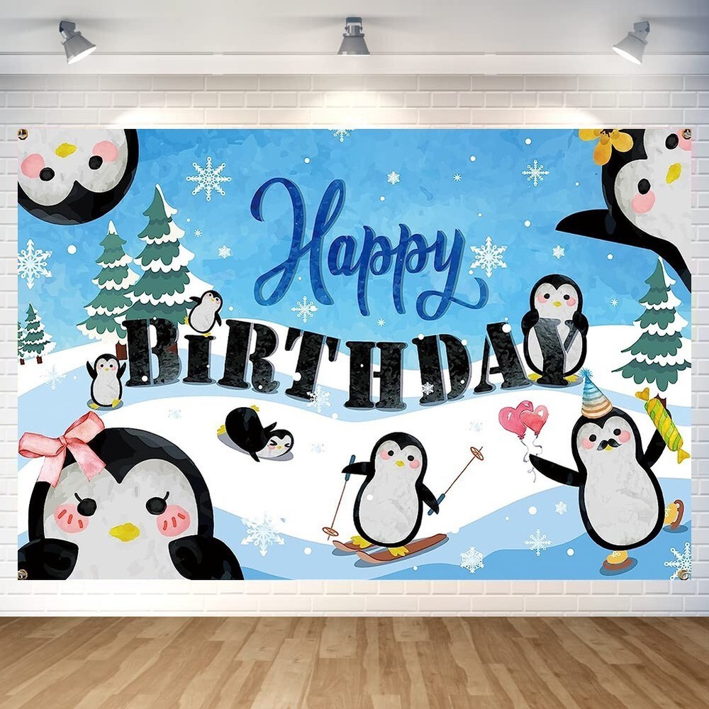 Cute Penguin Backdrop Zoo Animal Birthday Party Background Decor Banner