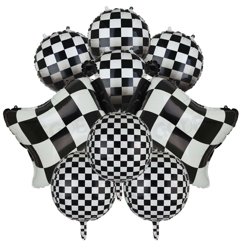 Black and White Checkered Balloons 9 Pcs 4D Checker Balloon Chequered Flag Ba…