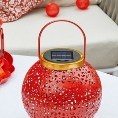 Iron Red Lantern Solar Powered Hanging Light for Outdoor Garden Courtyard Use